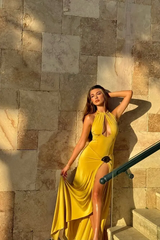 Chic Yellow Halter Sleeveless Satin Mermaid Evening Dresses High Split With Pleats