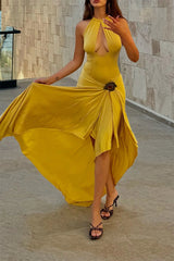 Chic Yellow Halter Sleeveless Satin Mermaid Evening Dresses High Split With Pleats