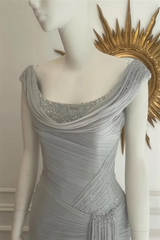 Timeless Gray Straps Sleeveless Chiffon Evening Dresses Floor Length Beads With Zipper Pleats