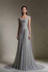 Timeless Gray Straps Sleeveless Chiffon Evening Dresses Floor Length Beads With Zipper Pleats