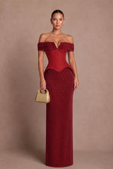 Romantic Burgundy Off The Shoulder Mermaid Evening Dresses Floor Length With Pleats