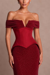 Romantic Burgundy Off The Shoulder Mermaid Evening Dresses Floor Length With Pleats