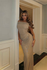 Charming off The Shoulder Mermaid Evening Dresses Floor Length With Zipper Pleats