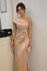 Romantic One Shoulder Sleeveless Satin Mermaid Evening Dresses Column With Pleats