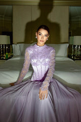 Charming Lilac Long Sleeves A-Line Evening Dresses Floor Length With Pleats