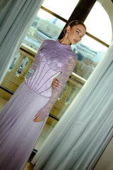Charming Lilac Long Sleeves A-Line Evening Dresses Floor Length With Pleats