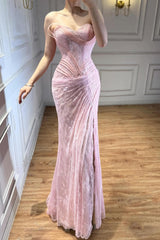Romantic Sweetheart Strapless Sleeveless Mermaid Lace Evening Dresses High Split With Pleats