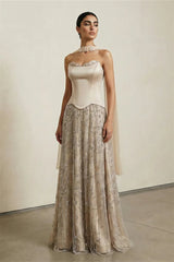 Luxurious Strapless Sleeveless A-Line Evening Dresses Floor Length Beads With Lace-Up Back