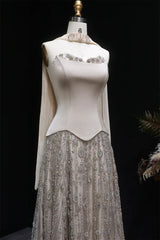 Luxurious Strapless Sleeveless A-Line Evening Dresses Floor Length Beads With Lace-Up Back