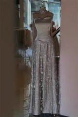 Luxurious Strapless Sleeveless A-Line Evening Dresses Floor Length Beads With Lace-Up Back