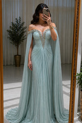 Luxurious Dusty Blue Off The Shoulder Mermaid Evening Dresses Floor Length With Pleats Ruffles