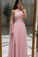 Modern Pink Strapless Sleeveless Chiffon A-Line Evening Dresses High Split With Pleats