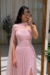 Modern Pink Strapless Sleeveless Chiffon A-Line Evening Dresses High Split With Pleats