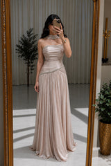Charming Strapless Sleeveless A-Line Evening Dresses Gem Floor Length With Pleats