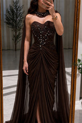 Unique Brown Sweetheart Strapless Sleeveless Mermaid Evening Dresses Split Beading With Pleats