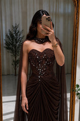 Unique Brown Sweetheart Strapless Sleeveless Mermaid Evening Dresses Split Beading With Pleats