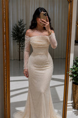 Graceful Champagne Long Sleeves Mermaid Evening Dresses Floor Length With Pleats