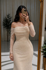 Graceful Champagne Long Sleeves Mermaid Evening Dresses Floor Length With Pleats
