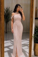 Glamorous Off The Shoulder Mermaid Chiffon Evening Dresses Sheath Floor Length With Pleats