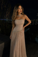 Luxurious Strapless Sleeveless A-Line Evening Dresses Floor Length Gem With Pleats