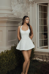 Unique White Halter Sleeveless Satin Lace Mini Homecoming Dresses