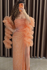 Glamorous Orange Strapless Sleeveless Mermaid Evening Dresses High Split With Pleats
