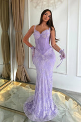 Luxurious Lilac Spaghetti-Straps Sweetheart Sleeveless Lace Evening Dresses Mermaid With Beading