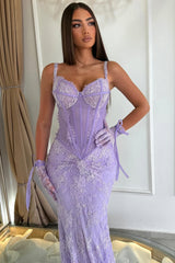 Luxurious Lilac Spaghetti-Straps Sweetheart Sleeveless Lace Evening Dresses Mermaid With Beading