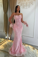 Timeless Dusty Pink Strapless Sleeveless Lace Mermaid Evening Dresses Column With Beading