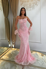 Timeless Dusty Pink Strapless Sleeveless Lace Mermaid Evening Dresses Column With Beading