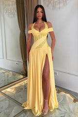 Graceful Yellow Halter Off The Shoulder Chiffon Lace Evening Dresses High Split With Pleats