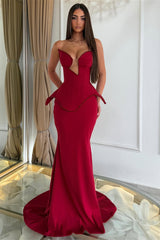 Unique Burgundy Sweetheart Strapless Sleeveless Satin Mermaid Evening Dresses Sheath With Beading