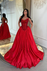 Luxurious Red Sweetheart Spaghetti-Straps Satin Evening Dresses A-Line With Pocket Lace-Up Back
