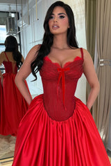 Luxurious Red Sweetheart Spaghetti-Straps Satin Evening Dresses A-Line With Pocket Lace-Up Back