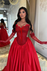 Luxurious Red Sweetheart Spaghetti-Straps Satin Evening Dresses A-Line With Pocket Lace-Up Back