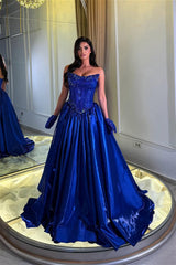 Romantic Royal Blue Strapless Sleeveless Satin Evening Dresses Gem A-Line With Pleats
