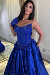 Romantic Royal Blue Strapless Sleeveless Satin Evening Dresses Gem A-Line With Pleats