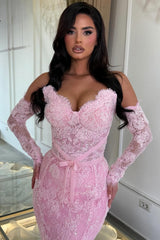 Glamorous Dusty Pink Sweetheart Strapless Sleeveless Lace Mermaid Evening Dresses Sheath With Lace-Up Back