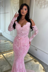 Glamorous Dusty Pink Sweetheart Strapless Sleeveless Lace Mermaid Evening Dresses Sheath With Lace-Up Back
