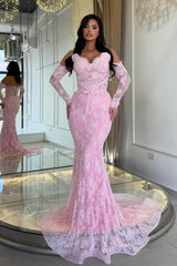Glamorous Dusty Pink Sweetheart Strapless Sleeveless Lace Mermaid Evening Dresses Sheath With Lace-Up Back