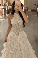 Charming Halter Sleeveless Tulle Evening Dresses Floor Length Gem With Pleats