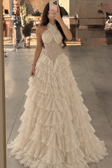 Charming Halter Sleeveless Tulle Evening Dresses Floor Length Gem With Pleats