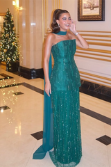 Unique Strapless Sleeveless Two-Piece Evening Dresses Floor Length With Beading