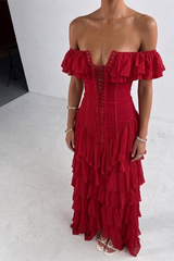 Dazzling Burgundy Off The Shoulder Chiffon Evening Dresses High Split With Pleats