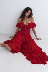 Dazzling Burgundy Off The Shoulder Chiffon Evening Dresses High Split With Pleats
