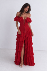 Dazzling Burgundy Off The Shoulder Chiffon Evening Dresses High Split With Pleats