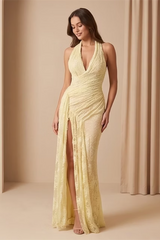 Graceful Daffodil Halter Sleeveless V-Neck Mermaid Evening Dresses Side Split With Pleats