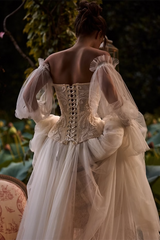 Unique Sweetheart Long Sleeves Tulle Evening Dresses Beading With Lace-Up Back