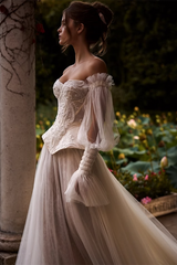 Unique Sweetheart Long Sleeves Tulle Evening Dresses Beading With Lace-Up Back