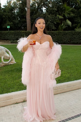 Glamorous Pink Sweetheart Strapless Sleeveless Evening Dresses Floor Length With Pleats